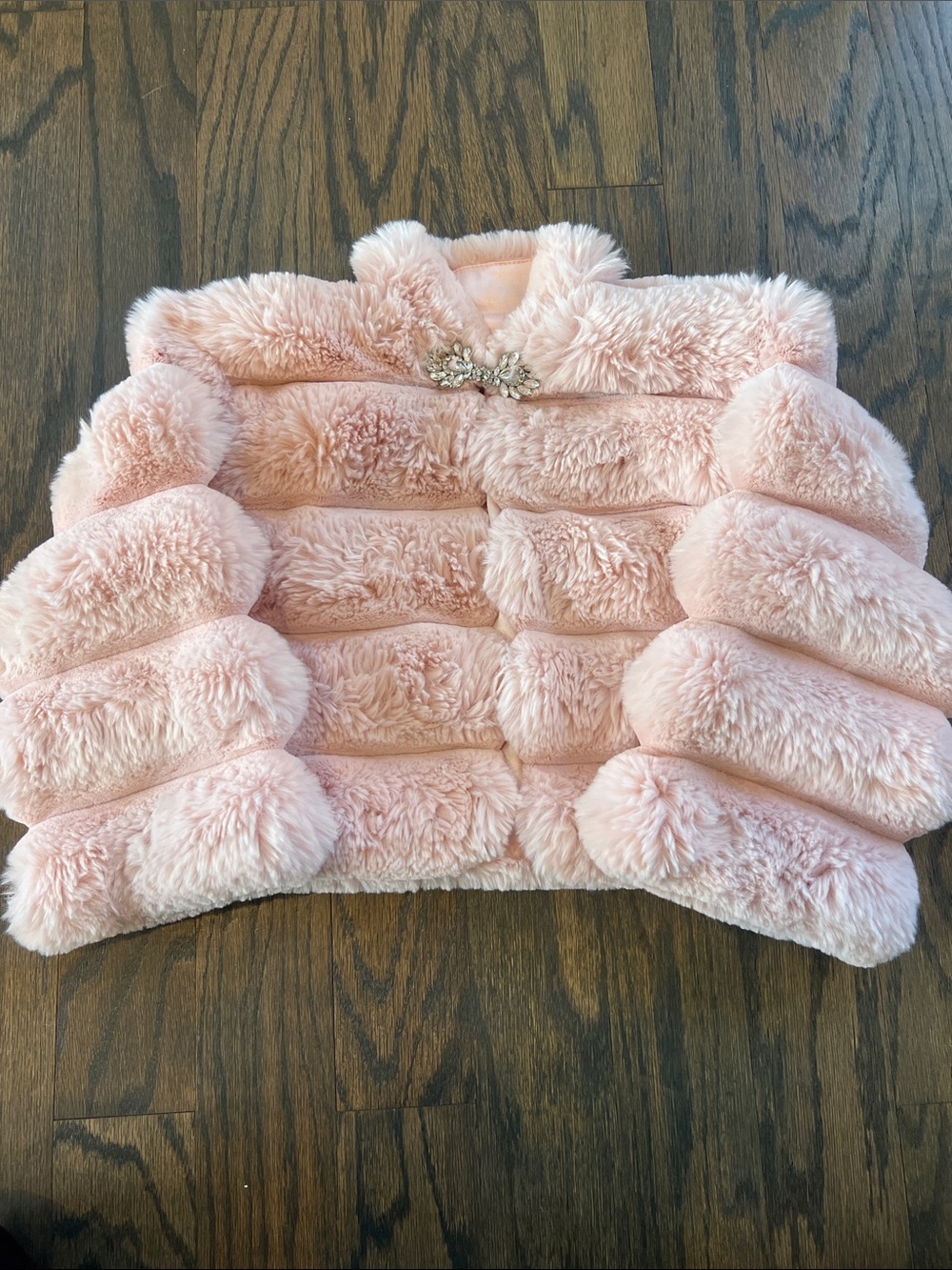 Size 5 Pink Faux Fur Kids Coat with Crystal Decorative Brooch